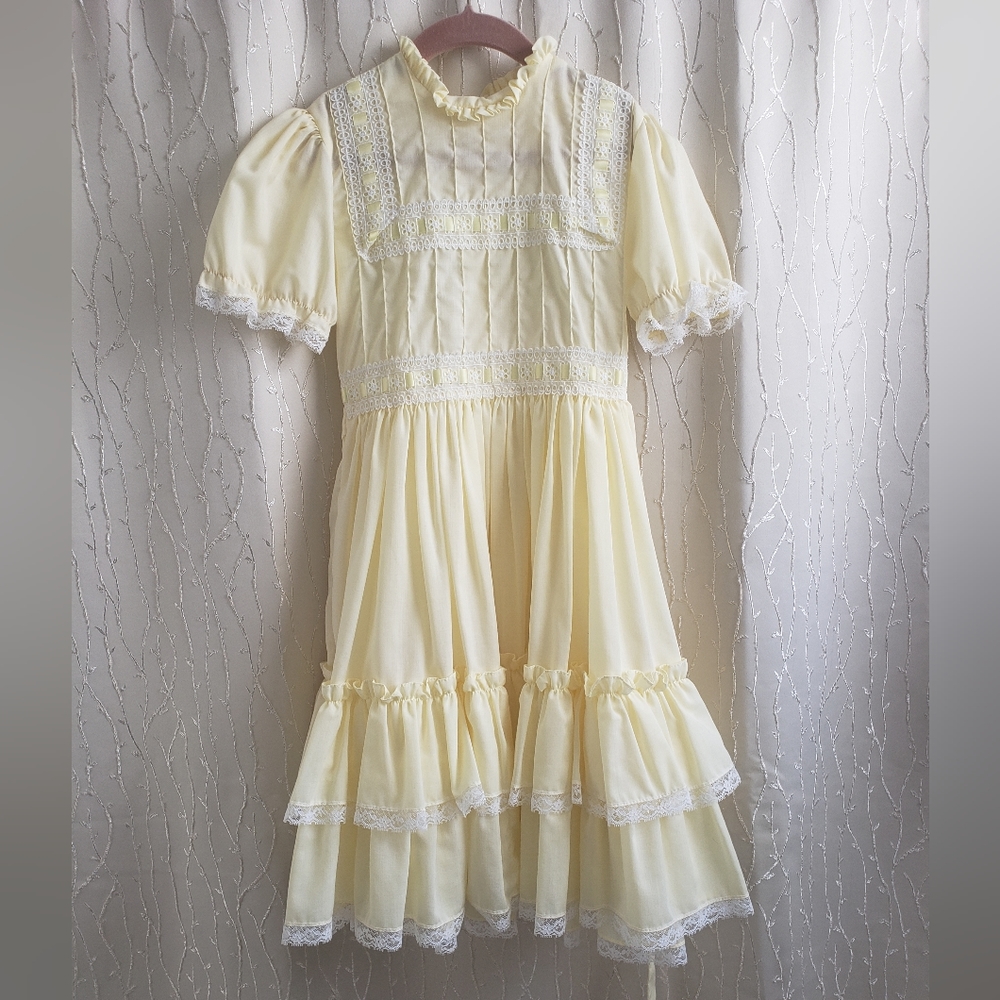 Mary Louise vintage 70's girls dress sz 7 pastel yellow ruffles Easter Rare